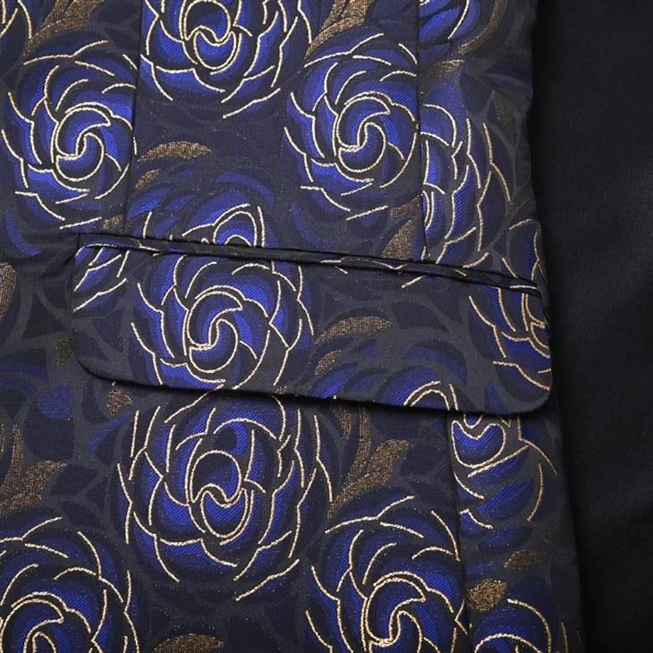 Men's Royal Blue Floral Embroidered Blazer - Gold Detail Luxe Wedding Jacket - F140 high quality